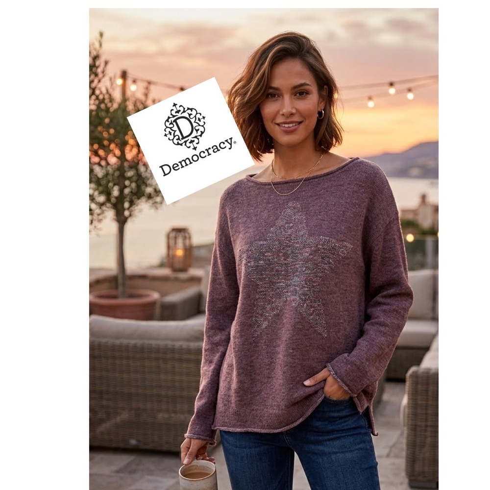 Democracy Womens Purple Star Intarsia Knit Sweater Boat Neck Size L Boho